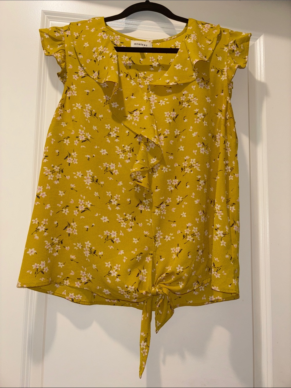 Monteau Mustard Yellow Floral Ruffle Tie-Front Top